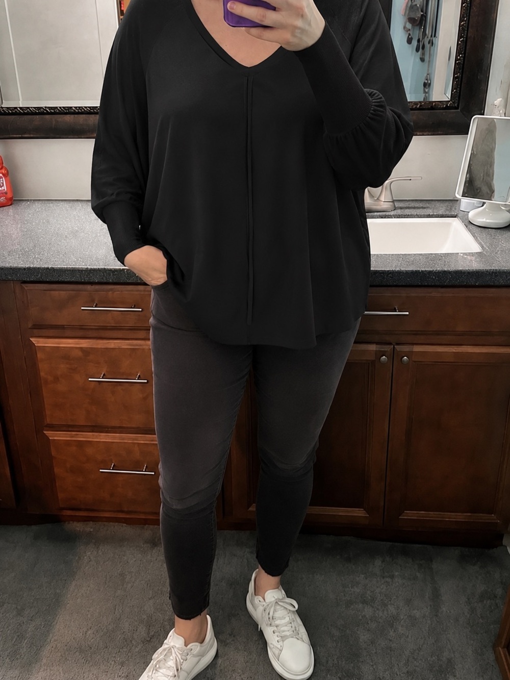 NWT Knox Rose Black V-Neck Super Soft Long Sleeve Blouse w Fitted Cuffs Size 1X